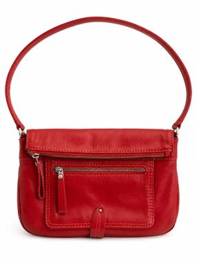ili New York Red Genuine Leather Shoulder Bag Zip Pocket Baguette Purse